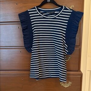 English Factory Navy and White Striped Ruffle Sleeve Top